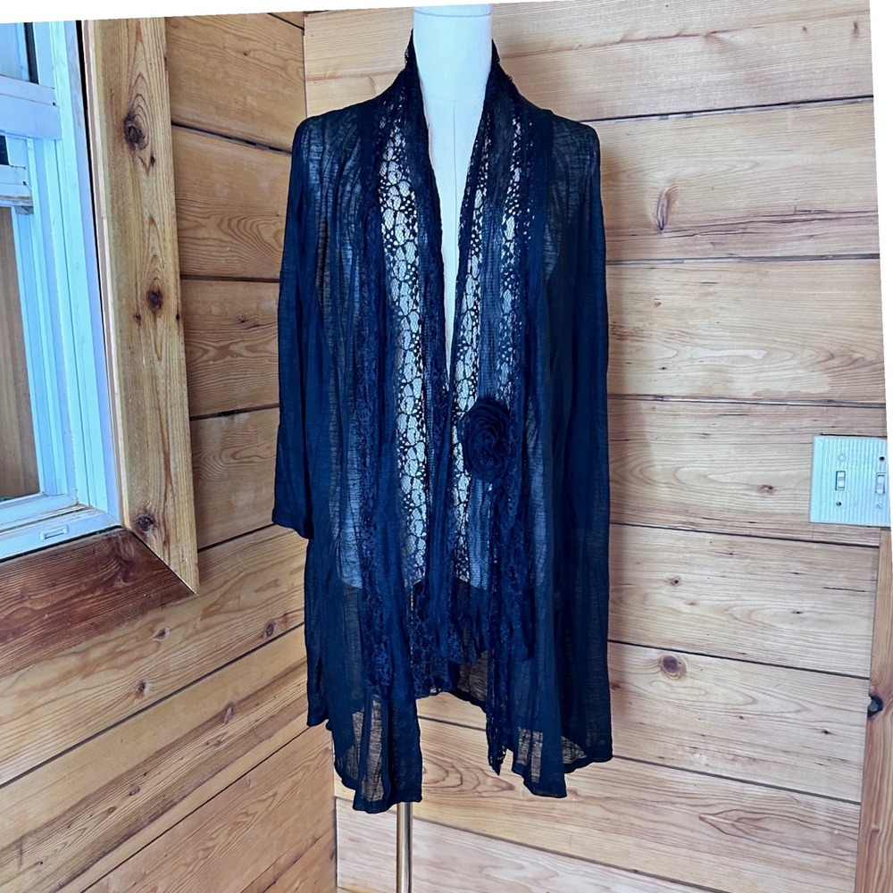 Sheer Lace Duster Cardigan Women Large Black Rosette Whimsygoth Papa Vancouver
